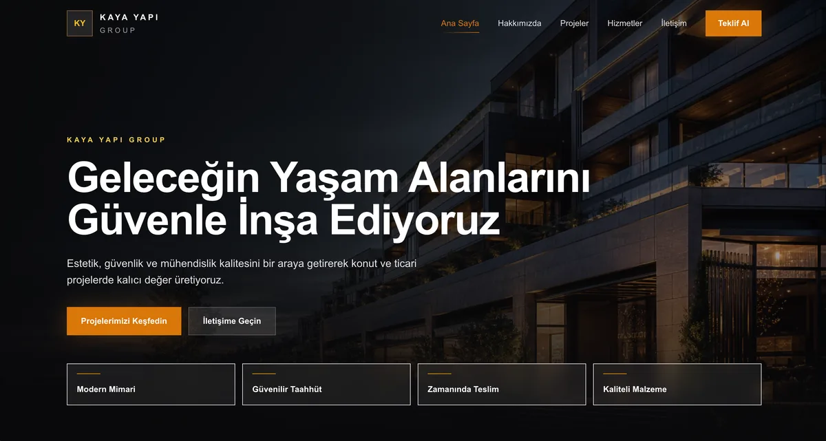 İnşaat Web Sitesi — arayüz ön izlemesi